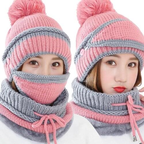 Face Mask Scarf Hat 3 Pieces Winter WomenS Brushed And Thick Knitted Warm Ear Protection Color Mixture Wool Cap Suit