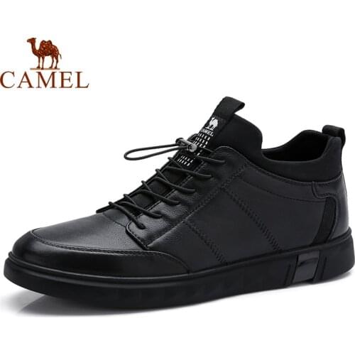 CAMEL Mens Casual Leather Shoes Outdoor Men Shoes Male Non-slip Fashion Elastic Band Sock-on shoelace Comfortable Man Footwear