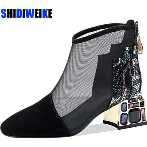 2021 NEW Mesh Sandals Boots Women Mesh Ankle Boot for Summer Mid Heel Rhinestone Ponited toe Shoes Hollow out Back Zip Black
