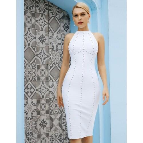 Wholesale Womens White Stretch Knit Beaded Stylish Elegant Europe Boutique Celebrity Cocktail Party Bandage Dress