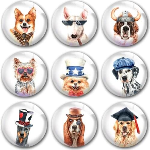 Handmade Watercolor Cute Dog Pet Animals Loss Round Photo Glass Cabochons Demo Flat Back DIY Jewelry Making Findings Accessory