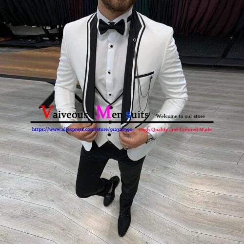 Tailor Made Slim Fit White Men Suits 3 Piece for Wedding 2021 New Black Lapel Groom Tuxedos Male Jacket Vest Pants Traje Novio