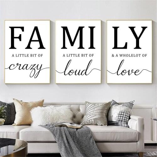 Letters FAMILY Canvas Painting Minimalist Posters Black And White Family Quotes Print Nordic Wall Art Pictures Living Room Decor