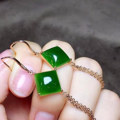 18k Gold Inlaid Russian Old Earrings, Genuine Spinach Green Earrings