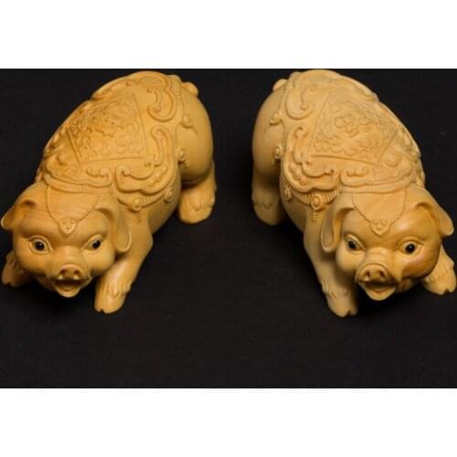 Fu Pig Boxwood Carving Animal Statue Mini Creative Solid Wood Home Decors Carving Crafts Feng Shui Zodiac Animal Ornaments