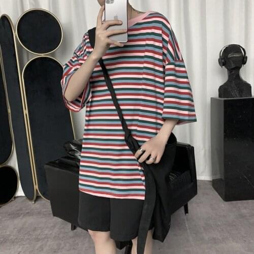 WWKK Men Harajuku Japanese Cotton Striped T Shirts 2021 Summer Mens Colorful Streetwear Casual T Shirt Couple Vintage Tees