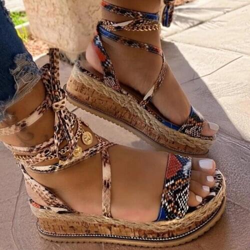 Women Platform Snake Sandals Open Toe Lace Ankle Cross Strap Heeled Shoes For Beach Party Summer New
