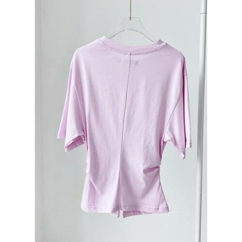 2021 Summer New Women Pleated t Shirt 100% Cotton Lady O-Neck Front Split Simple Half Sleeve Tee Tops