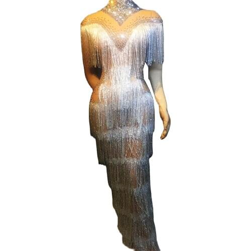 Shining Diamonds Women Dresses Silver Fringes Long Dresses Nightclub Singer Stage Costume Evening Party Show Dancer Wear