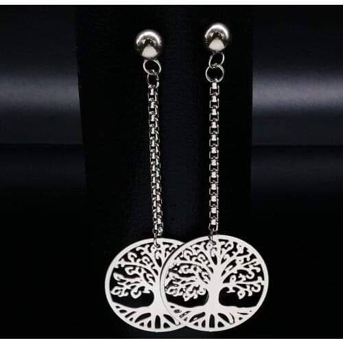 2021 Silver Color Round Stainless Steel Long Stud Earrings for Women Tree of Life Earrings For Women Jewelry orecchini E612151