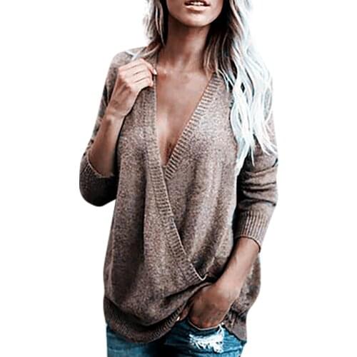 2021 Sweater Women Deep V Neck Wrap Hollow Sweater Long Sleeve Crochet Knit Elegant Pullover Top Ladies Winter Sweaters