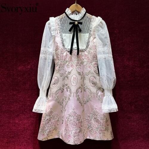 Svoryxiu Designer Fashion Summer Short Dress Womens Tulle Flared Sleeves Flower Print Jacquard A Line Dress Vestdios