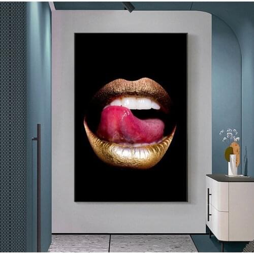 Golden Sexy Lips Canvas Posters and Prints Black Woman Art Paintings on the Wall Decorative Pictures For Living Room Cuadros