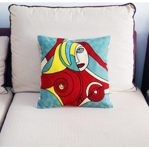 100% Cotton Abstract Portrait Embroidered Square Pillow Cover Cushion Case Sofa Chair Cushion Cover 45x45cm Without Stuffing