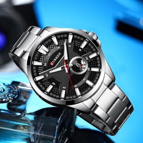 CURREN Silver Black Watches Mens Top Brand Fashion sport Quartz Wristwatch Stainless Steel Band Clock Male Watch Reloj Hombres