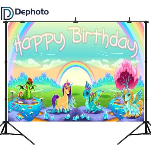 DePhoto Unicorn Rainbow Tree Baby Children Happy Birthday Party Photography Background Customized Backdrops For Photo Studio