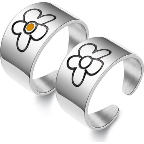 Trendy Stainless Steel Polished Flower Wide Chunky Band Ring Fashion Opening Adjustable Ring for Women Girl Statement Jewelry