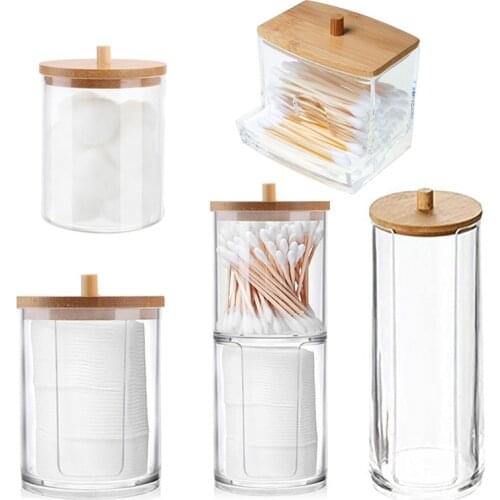 Makeup Cotton Pad Organizer Storage Box For Cotton Swab Rod Cosmetic Organizer Jewelry Bathroom Qtip Container with Wood Lid