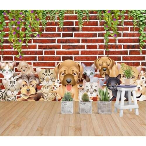 3d wall murals wallpaper for living room Cute animal cat dog flower vine brick wall home decor photo wallpaper for walls 3 d