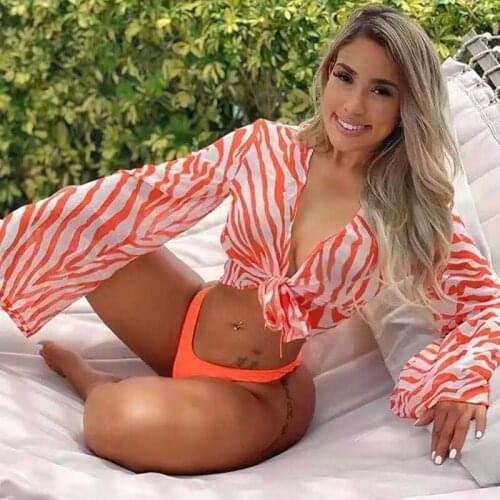 2020 New Brazilian Sexy Bikini Swimsuit Three Pieces Set Bell Sleeve Bikini Cover Up Swimwear High Waist Bikini Bathing Suit S~L
