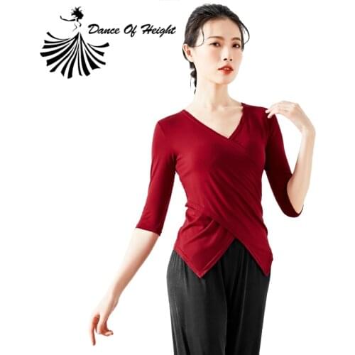 New Modern Dance Clothes Women Latin Dance Shirt Adult Yoga Ballet Practice Wear Cross Collar V Neck Half Sleeve Modal Dress 3XL