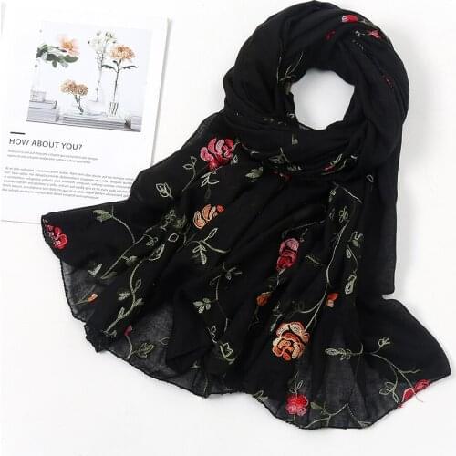 New Plain Embroidered Scarf Floral Cotton Scarves Flower Long Shawl Wrap Women Muslim Hijab Thin Bandana Headband 175*80cm