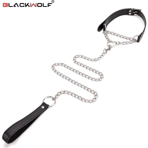 BLACKWOLF Slave Bed Bondage Collar PU leather Neck Restraint with Chain Leash BDSM Erotic Sex Toys For Women Couples Adult Games
