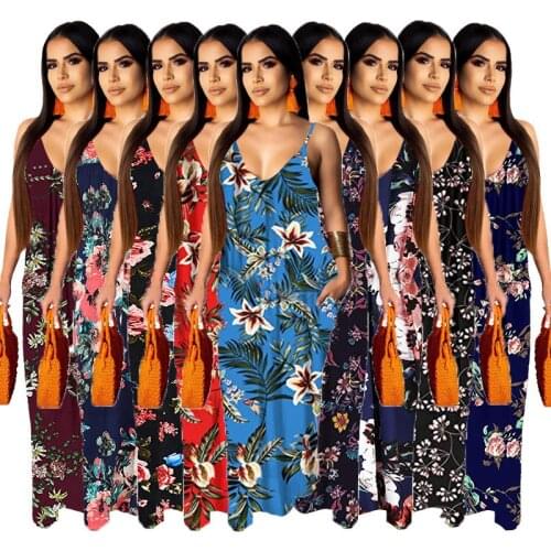 Floral Print Bohemian Style Long Maxi Dress Summer Spaghetti Strap Deep V Neck Floor Length Side Pocket Holiday Beach Dress