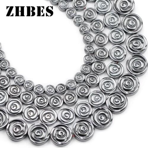Natural Black Hematite Stone Roses Flowers Balls 6/8/10/12MM Spacers Flat Round Loose Beads For Jewelry making DIY Findings