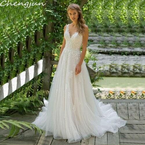 Chengjun Chapel Train Sleeveless Bare Back V--Neck A-Line Tulle Wedding Dresses
