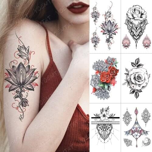 Geometric Flower Rose Eye Leaves Waterproof Temporary Tattoo Sticker Diamond Peony Black Tattoos Body Art Arm Fake Tatoo