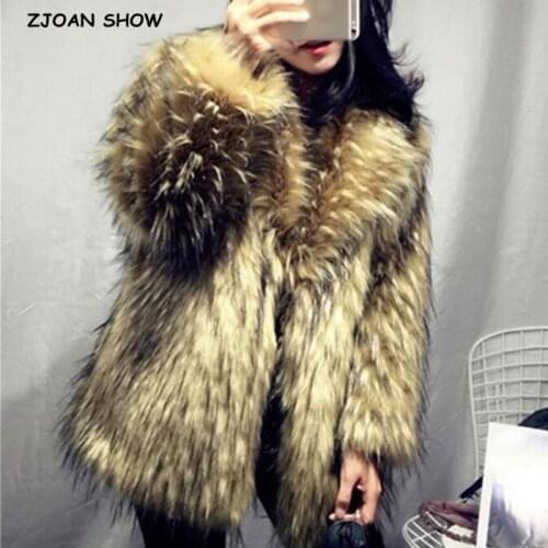 HIGH QUALITY Winter Gradient Hairy Shaggy Faux Raccoon Fur Coat Long sleeve Furry Women Warm Jacket Lapel Coat Loose Outerwear