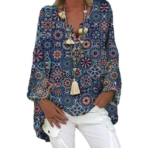 Vintage Floral Print Long Sleeve Blouse Shirt 2021 Spring Fashion V Neck Pullover Tops Ladies Casual Plus Size Streetwear Blusa