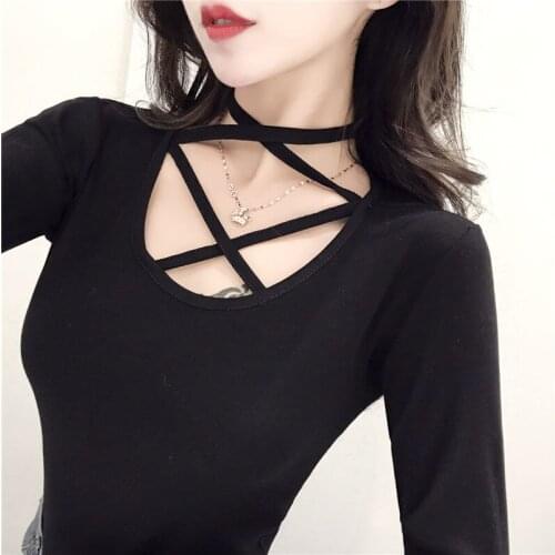 Spring And Autumn Winter New Chic Cross Bandage Hanging Neck Slim Fitting Bottomed Shirt T-shirt Women Long Sleeve U-neck Vogue