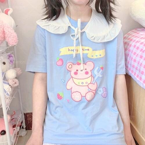 Harajuku Cute Bear Strawberry Cartoon Print Casual Loose Tops Japanese JK Vintage Y2K Fun Sweet Girls Cotton Chic Women T-Shirts