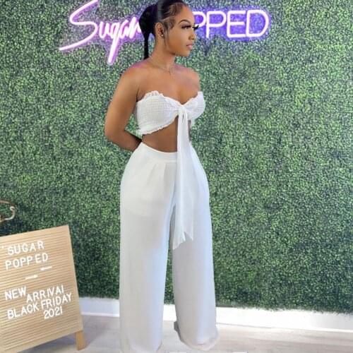 2021 Best Quality Famous Brand 2 pcs Women Set Solid Bandage Strapless Short Tops Long Pants Summer Sexy Outfits