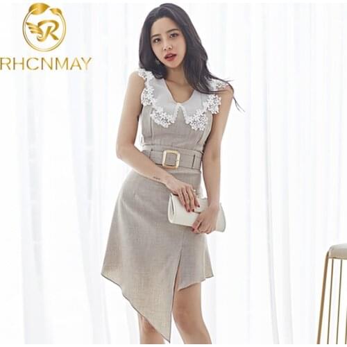 2020 Spring Women 2 Pieces Suits Lace Patchwork Sleeveless Tops & Sashes Irregular Short Skirt Office Wear Business Set Female