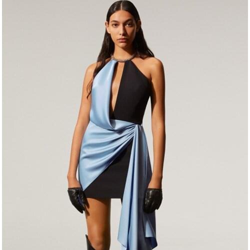 Women Summer Sexy Key Hole Backless Halter Patchwork Mini Bodycon Bandage Dress 2021 Elegant Evening Party Dress Vestidos