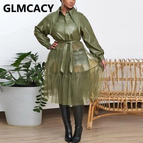 Women Turn Down Collar Belt Mesh Splicing Dress Autumn Chic Dresses