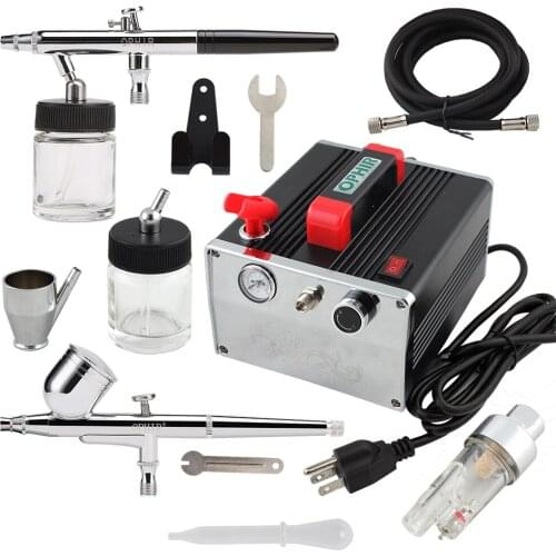 2016 OPHIR Pro 2 Gun Airbrush Dual-Action & Single-Action Kits Air Compressor for Temporary Tattoo Body Paint_AC091+AC004A+AC072