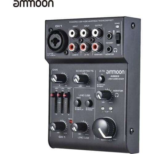 Ammoon AGE03 5-Channel Mic-Line Mixing Console Mixer with USB Audio Interface Built-in Echo Effect USB Powered for Recording