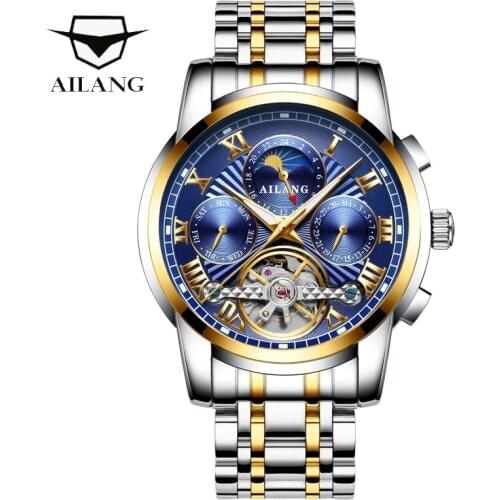 AILANG 2021 Fashion Sport Casual Stainless Steel Strap Mens Watches Luxury Brand Skeleton Tourbillon Week Clock Men Watches 8508