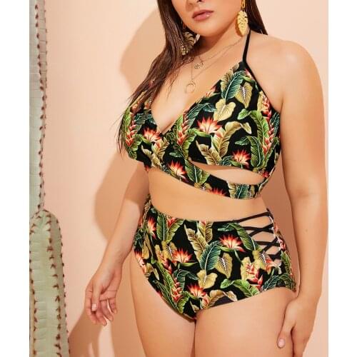Free Shipping Cross-Border for Swimsuit Chest Cross High-waisted Split Swimsuit European And American-Style Plus-sized Bikini