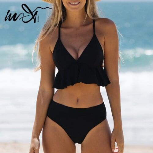 In-X Ruffle bikini 2021 Solid swimsuit womens swimming suit Sports swimwear female Sexy bathing suit beach wear 2 pieces set