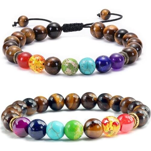 7 Chakra Beads Natural Lava Tiger Eye Stone Bracelet For Women Men Healing Balance Therapy Bracelets Jewelry Prayer Adjustable