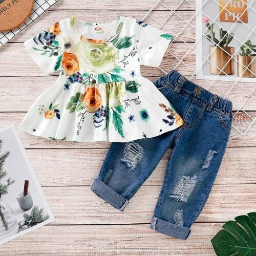 TELOTUNY Childrens clothing Baby Girl Short Sleeve Floral Crop Tops+Hole Denim Pants Toddler Kid Clothes 2PCs Outfits Set Jun20
