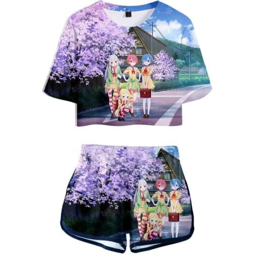 Novelty Anime Rem and Ram Girl T-shirts shorts Pants Dew navel Sport Girls Short Sleeve Suits Re Zero Girls Sexy Two Pieces sets
