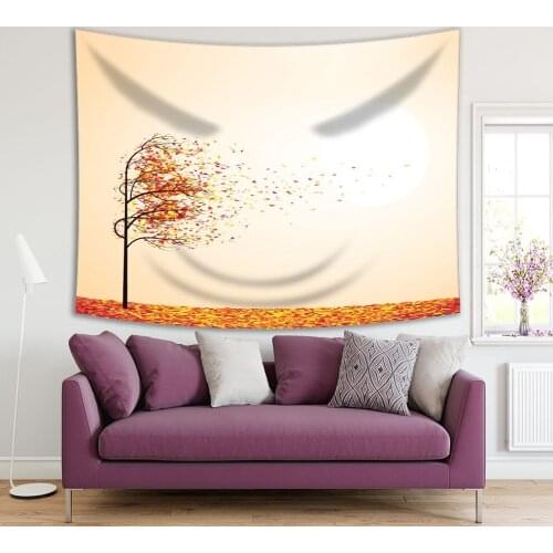Tapestry Windy Autumn Day Tree and Falling Dried Golden Leaves Covered the Ground Nature Wilderness Art Beige Yellow Red
