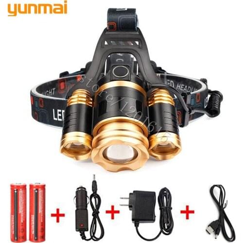 USB 8000lm XML T6+2R5 ZOOM LED Headlight Headlamp Head Lamp Light 4-mode Torch+2x18650 Battery+EU/US/UK/AU Car Charger Fishing
