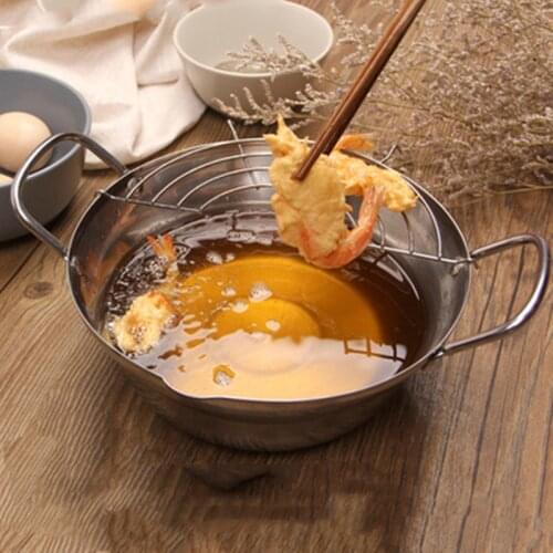 Silver Tempura Fryer Pot Japanese Style Potable Frying Pots With Drainer Basket Household Cookware Kitchen Utensils